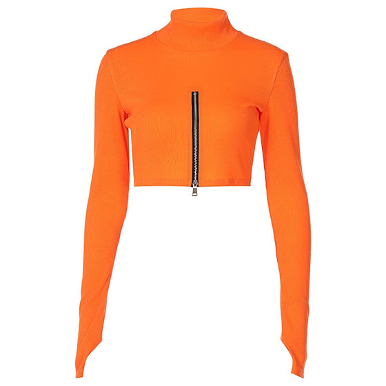 Land of Nostalgia Women’s Neon Orange Zip-Up Crop Top (Ready to Ship)