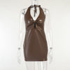 Land of Nostalgia Women's PU Leather Hollow Out V-neck Bodycon Slim Mini Dress
