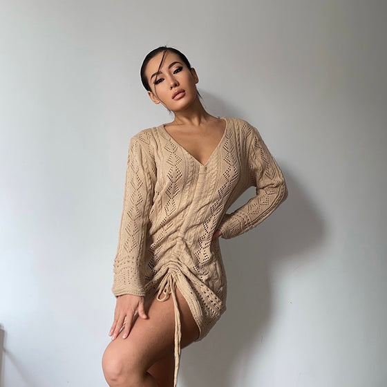 Land of Nostalgia Women's Hollow Out Ruched Long Sleeve Knitted Mini Dress
