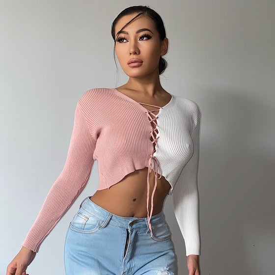 Land of Nostalgia Women's Ruched Bandage Long Sleeve Bodycon Knitted Crop Top