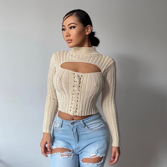 Land of Nostalgia Women's Hollow Out Ruched Long Sleeve Knitted Crop Top