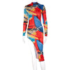 Land of Nostalgia Women's Colorful Long Sleeve Turtleneck Bodycon Maxi Dress