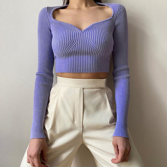 Land of Nostalgia Long Sleeve Bodycon Women's V-Neck Knitted Crop Top