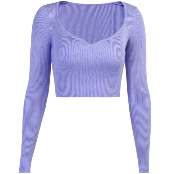 Land of Nostalgia Long Sleeve Bodycon Women's V-Neck Knitted Crop Top