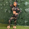 Land of Nostalgia Women's Camouflage Long Sleeve Bodycon Crop Top with High Waist Leggings Set