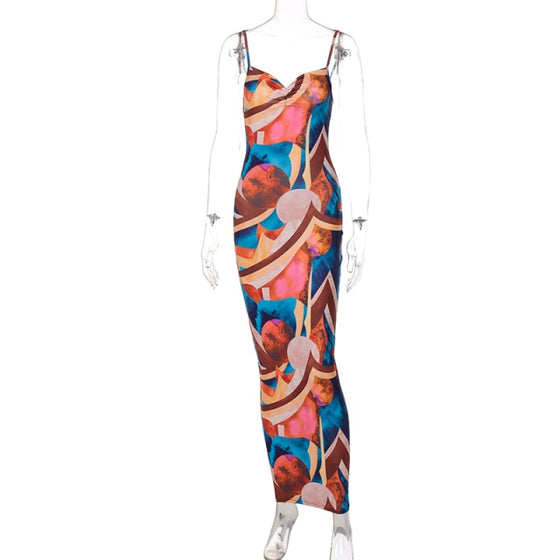 Land of Nostalgia Women's Sleeveless Colorful Print Bodycon Backless Maxi Dress