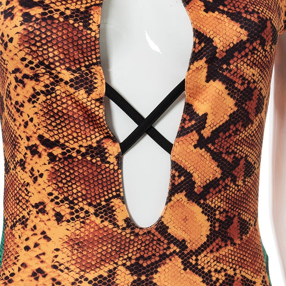 Land of Nostalgia Women's Sleeveless Snake Print Hollow Out Bandage Maxi Dress
