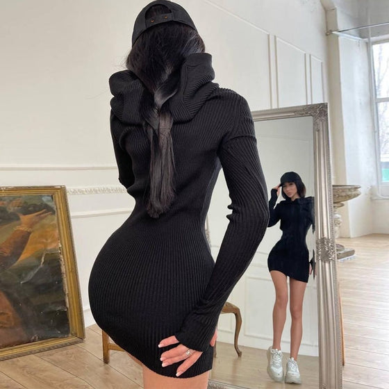 Land of Nostalgia Women's Knitted Long Sleeve Bodycon Hooded Mini Dress