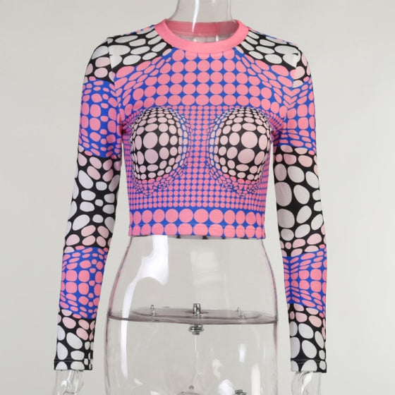 Land of Nostalgia Women's Long Sleeve 3D Printed Slim Crop Top