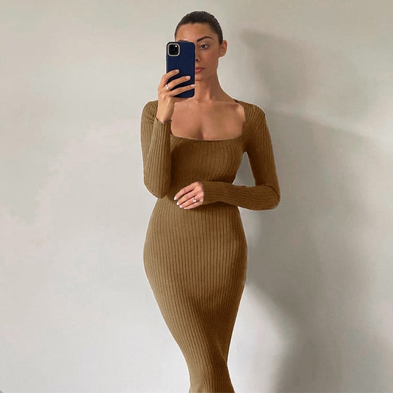 Land of Nostalgia Square Neck Bodycon Women's Long Sleeve Dress