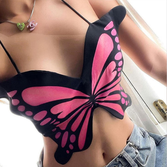 Land of Nostalgia Women's Butterfly Design Backless Lace Up Crop Top