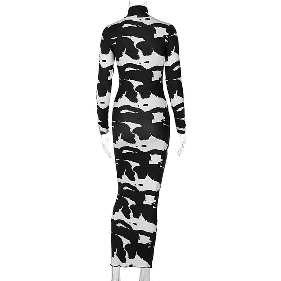 Land of Nostalgia Long Sleeve Women's Turtleneck Cow Print Bodycon Maxi Dress