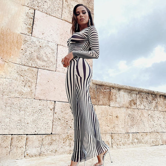 Land of Nostalgia Stripe Zebra Print Women's Long Sleeve See-Through Maxi Dress