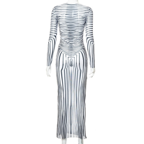 Land of Nostalgia Stripe Zebra Print Women's Long Sleeve See-Through Maxi Dress