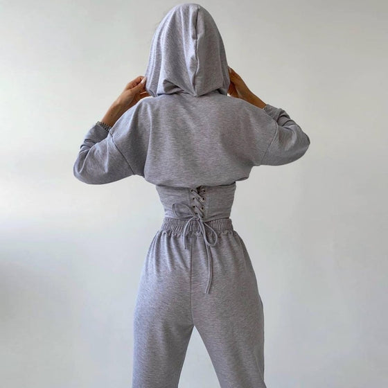 Land of Nostalgia Long Sleeve Women's Hooded Crop Top with Pants Set