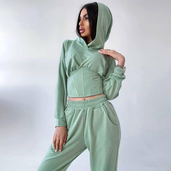 Land of Nostalgia Long Sleeve Women's Hooded Crop Top with Pants Set
