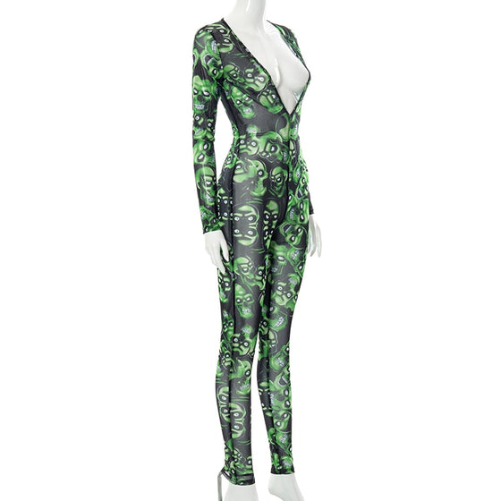 Land of Nostalgia Women's Skeleton Print See-through Long Sleeve Women's Deep V-neck Jumpsuit