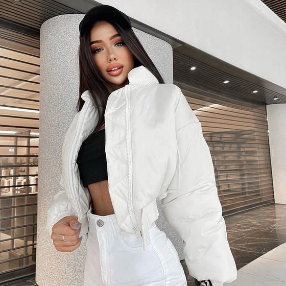 Land of Nostalgia White Black Women's Fashion Puffer Coat Jacket