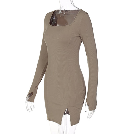 Land of Nostalgia Long Sleeve Ribbed Square Neck Women's Mini Dress