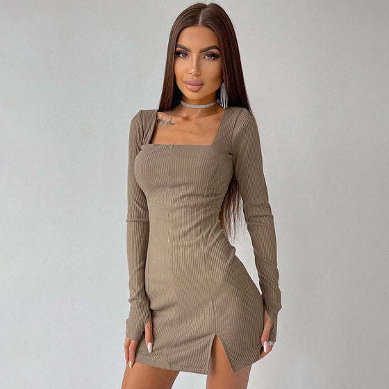 Land of Nostalgia Long Sleeve Ribbed Square Neck Women's Mini Dress