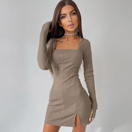 Land of Nostalgia Long Sleeve Ribbed Square Neck Women's Mini Dress