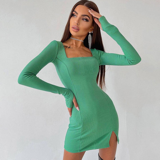 Land of Nostalgia Long Sleeve Ribbed Square Neck Women's Mini Dress