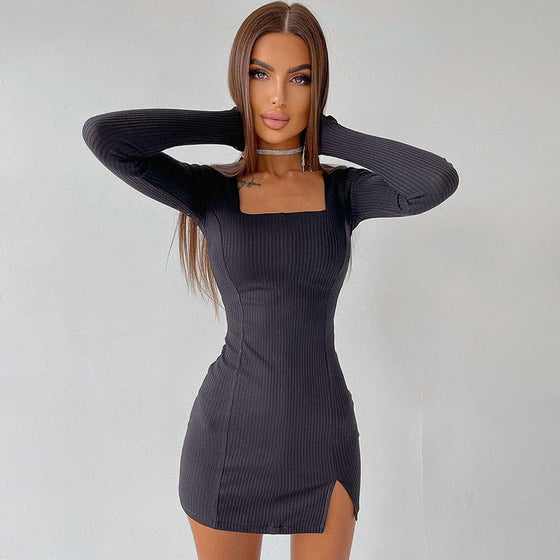 Land of Nostalgia Long Sleeve Ribbed Square Neck Women's Mini Dress