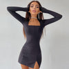 Land of Nostalgia Long Sleeve Ribbed Square Neck Women's Mini Dress