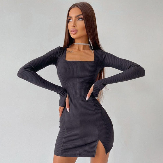 Land of Nostalgia Long Sleeve Ribbed Square Neck Women's Mini Dress