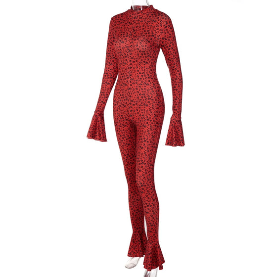 Land of Nostalgia Long Flare Sleeve Leopard Print Women's Bodycon Jumpsuit