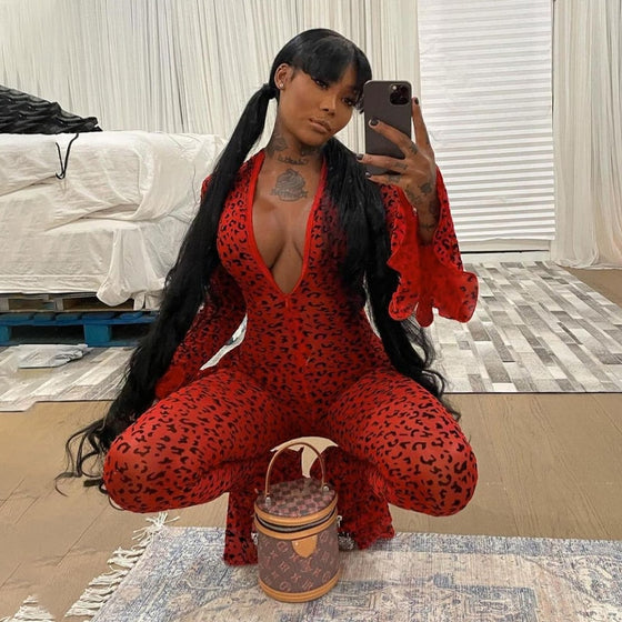 Land of Nostalgia Long Flare Sleeve Leopard Print Women's Bodycon Jumpsuit