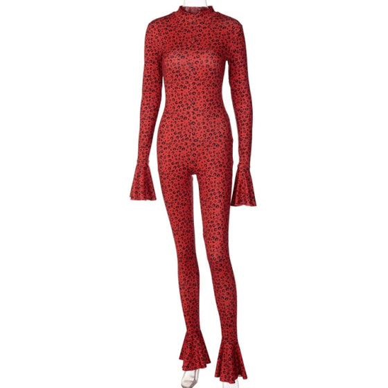 Land of Nostalgia Long Flare Sleeve Leopard Print Women's Bodycon Jumpsuit