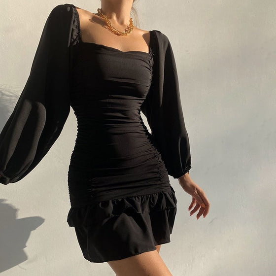 Land of Nostalgia Long Puff Sleeve Women's Slash Neck Pleated Mini Satin Dress