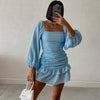 Land of Nostalgia Long Puff Sleeve Women's Slash Neck Pleated Mini Satin Dress