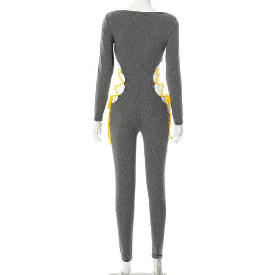 Land of Nostalgia O-Neck Women's Long Sleeve Bodycon Slim Jumpsuit