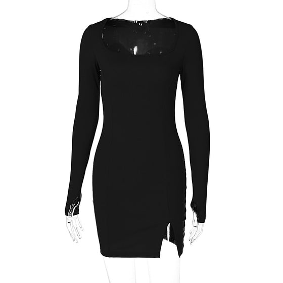 Land of Nostalgia Long Sleeve Ribbed Square Neck Women's Mini Dress