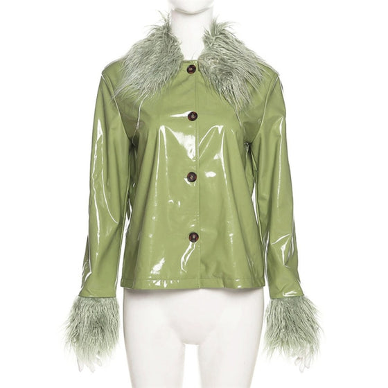 Land of Nostalgia Faux Pu Leather Women's Fashion Long Sleeve Feathers Coat