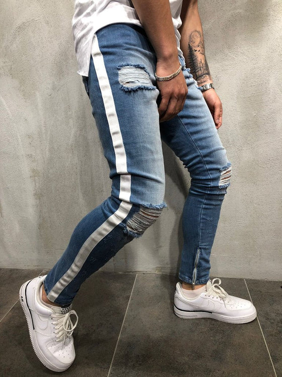 Land of Nostalgia Slim Distressed Ripped Skinny Jeans with Side Stripe (Ready to Ship)